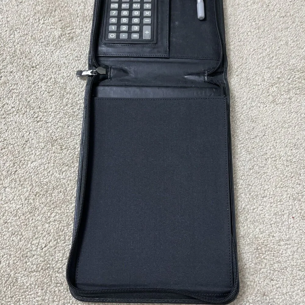 Leather Notebook Portfolio Organizer with Zipper, Calculator, Rollerball Pen‎